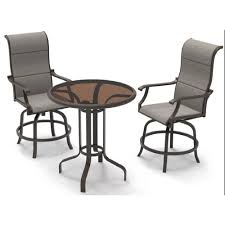 What kind of steel chairs are at riverbrook? Hampton Bay Riverbrook Esp Brown 3pc Steel Outdoor Patio Swivel Sling Round Glass Top Outd The Home Depot Canada