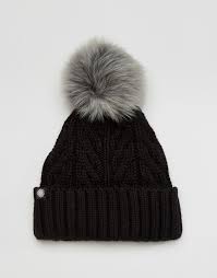 White chanel inspired pom pom hat. Ugg Pom Black Cable Cuff Beanie Hat With Skeepskin Pom Asos