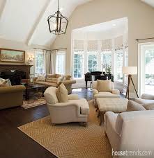 Living Room Design Focuses On Clean Lines Vaulted Ceiling Living Room Home Ceiling Open Concept Great Room