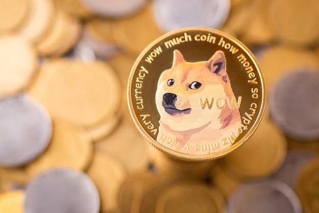 Golden dogecoin cryptocurrency coins on dark background | Premium  AI-generated image