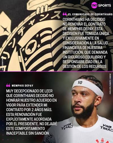 Atención a la respuesta de MEMPHIS DEPAY a CORINTHIANS, luego de que el club brasilero anuncie la decisión de NO renovarle el contrato 😳🔥 🇳🇱📲 "Muy DECEPCIONADO de leer que Corinthians decidió