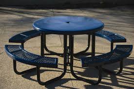 Round Picnic Table With Umbrella Hole And Four Seats Great For Parks Communities School Round Picnic Table Outdoor Picnic Tables Picnic Table With Umbrella
