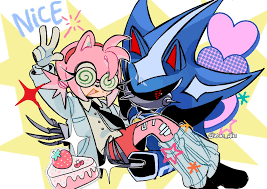 amy rose, metal sonic, neo metal sonic, sonic (series), sonic the hedgehog  (idw), black footwear, highres, 1girl, :d, @ @, alternate costume, animal  ears, animal nose, bandages, black necktie, black sclera, cake,