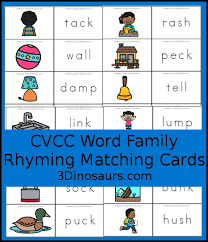 Players look for a word. Free Cvcc Word Family Rhyming Matching Cards 20 Sets Of Cards For Matching Picture And Rhyming Word 3dinosaurs Cvcc Words Cvcc Word Families Word Families