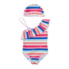 Baby Girl Rainbow Swimsuit One Shoulder Striped Ruffle Swimwear One Piece Bathing Suit Summer And Sunscreen Outfit