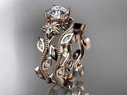 Rose Gold Bridal Set Unique Rose Gold Engagement Ring Set Floral Flower Engagement Set Diamond Leaf And Vine Wedding Ring Bridal Set Vine Wedding Ring White Sapphire Engagement Ring Wedding Rings