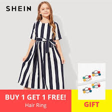 Shein Girls Tie Waist Button Striped Casual Dress Kids Clothing 2019 Spring Korean Short Sleeve Elegant A Line G Striped Casual Dresses Casual Dress Kids Dress