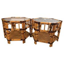 Vintage Pair Of Burnt Bamboo Rattan End Side Tables Octagonal For Sale At 1stdibs