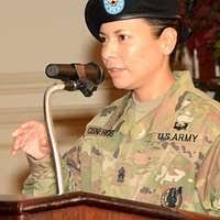 Sgt. 1st Class Dianne Buckhout, 344th MISO, asks a