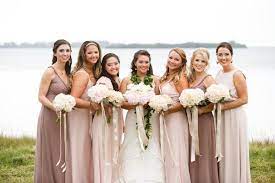 Real Weddings Real Wedding Photos Weddingwire Com Mixed Bridesmaid Dresses Mauve Bridesmaid Dress White Bridesmaid Dresses