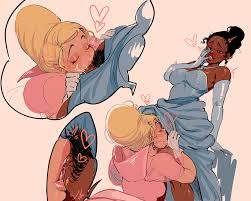 Rule 34 Dev - 2d 2girls accidental_exposure areolae_peeking blonde_hair  bottomless bottomless_dress charlotte_la_bouff clothing color  dark-skinned_female dark_skin disney disney_princess exposed exposed_pussy  female gloves human medium_breasts ...