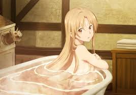 asuna (sao), sword art online, sword art online progressive, anime  screenshot, highres, stitched, third-party edit, 1girl, back, bath, bathing,  bathroom, bathtub, breasts, brown eyes, brown hair, completely nude, long  hair, looking at