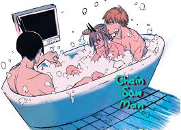 tasuketemama, denji (chainsaw man), hayakawa aki, power (chainsaw man),  chainsaw man, highres, 1girl, 2boys, bath, bathroom, bathtub, black hair,  blonde hair, bubble, bubble bath, grey hair, horns, mixed