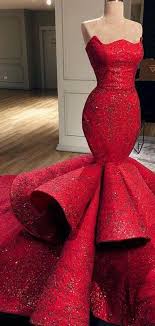Red Beading Satin Tiered Mermaid Strapless Prom Dresses Db1090 Strapless Prom Dresses Red Wedding Dresses Mermaid Gown Prom
