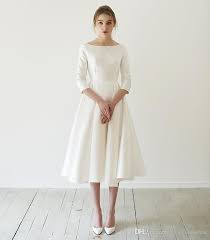 Discount Vintage Tea Length Simple Satin Short Wedding Dresses With 3 4 Sleeves Boat Neck A Line 1 In 2020 Midi Wedding Dress Short Wedding Dress Civil Wedding Dresses