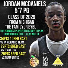 Jordan McDaniels 5'7 PG 2029 From Michigan Jordan McDaniels had a superb  sensational appearance in Augusta, GA at the EYBL Peach Jam. Jordan made  history by being the youngest player to play
