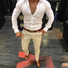 Perfect Mens Look For Sunny Summer Day White Open Button Down Shirt With Tan Skinny Fit Pants Brown Belt A Urban Outfits Mens Fashion Summer Urban Wear Women