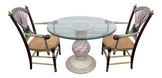 Vintage metal kitchen chairs round base patio furniture. Mackenzie Childs Round Glass Top Porcelain Base Dining Table And Two Chairs Chairish