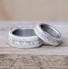 This Wedding Band Set Includes A Men And Womens Band With Elk Antler And Artificial Ivory Divided By Crushed Elk Elk Ivory Ring Custom Wedding Rings Elk Ivory