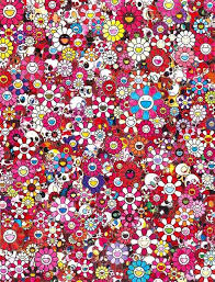 Acrylic and platinum leaf on canvas mounted on board. Takashi Murakami Skulls Flowers Red Art Collection Online For Sale