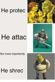 Image Result For He Protec He Attac But Most Importantly Shrek Memes Funny Memes Funny Pictures