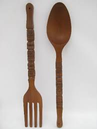 Retro Giant Fork Spoon Tiki Vintage Carved Wood Inherited A Set From The Husbands Grandma Fixing Them Up With Some P Kitchen Wall Plaques Wall Plaques Tiki