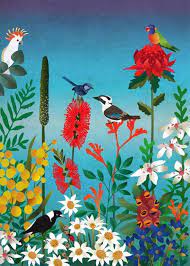 Aussie Flowers Ii Birds Naive Art Mosaic Flowers Floral Wallpaper