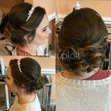 Formal Brunette Updo Teased Low Bun With Headband Updo With Headband Short Wedding Hair Headband Hairstyles