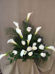 Stole My Memories Elegant Standard Calla Lilies White Standard Roses Robellini Salal And Leather Fern In Funeral Floral Dad Funeral Flowers Standard Roses