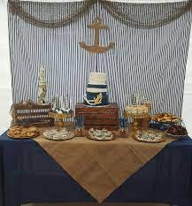 Nautical Baby Shower Theme Dessert Table And Backdrop Anchor Cake Navy Blue And Burl Nautical Baby Shower Nautical Baby Shower Boy Baby Shower Nautical Theme