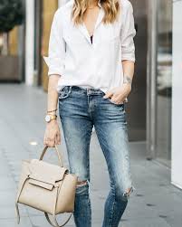 Black And White Button Up Shirt Outfit Fall Outfit Spring Outfit White Button Down Shirt Black Bralette Denim Ripped Skinny Jeans Celine Tie Winter Outfits Warm Fashion White Button Down Shirt