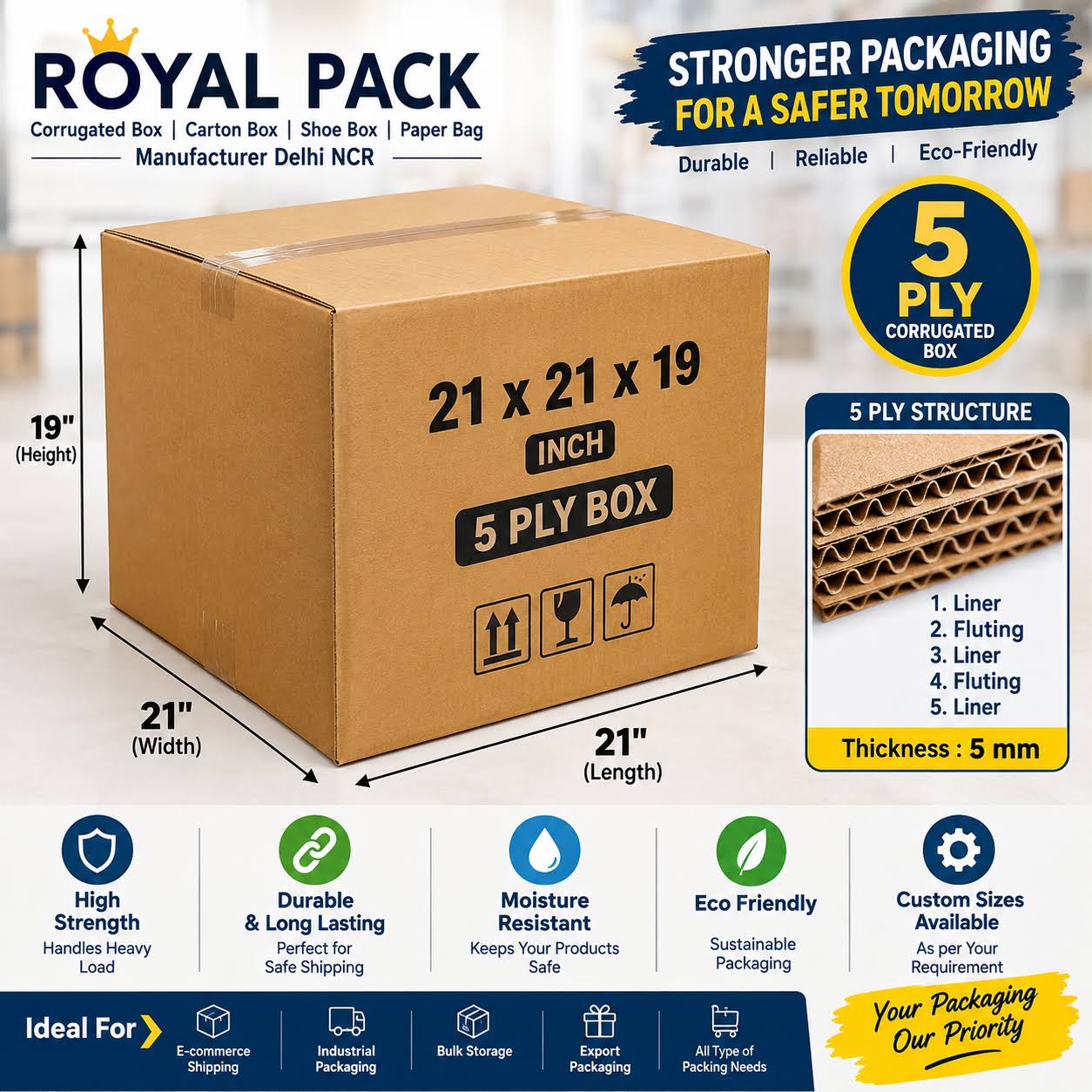 Strong 5 Ply Corrugated Box – 21 × 21 × 19 Inch product image