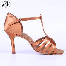 Women Latin Dance Shoes Bd 217 Dark Tan Satin Napper Leather Sole Slim High Heel Ladies Ballroom Dance San Latin Dance Shoes Dancesport Shoes Cheap Dance Shoes