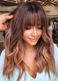 Latest Medium To Long Hairstyles With Bangs To Show Off In 2020 Stylesmod Hair Styles Balayage Hair Hair Highlights