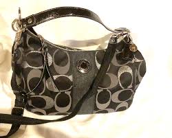 Black And Grey Coach Purse Coach Signature Black Silver Grey Shoulder Satchel Handbag Canvas Purse F20428 Coach Shoulderbag Shoulder Handbags Canvas Purse Handbag