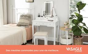 Pour chaque achat, recevez 2% en bon d'achat ! Vasagle Coiffeuse Avec Miroir Avec Led 3 Couleurs Table De Maquillage Avec 5 Tiroirs Et 1 Organisateur De Rangement Amovible Pieds En Bois Massif Avec Tabouret Blanc Rdt25wl Avec Led 3 Couleurs
