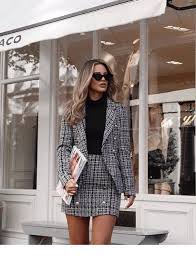 Black And White Plaid Blazer And Skirt Plaid Blazer And Skirt With Black Blouse Classy Outfits Blazer Outfits For Women Fashion