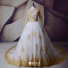 Wanna channel party vibes, but still be the sensible girl? Sparkly White Gold Wedding Dresses 2017 Scoop Neck Shoulders Long Sleeve Appliques Lace Sequins Ball Gown Royal Train