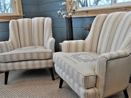 Vintage Channel Back Pair Farmhouse Grain Sack Chairs W Customized French Grain Emblem Farmhouse Wingbac Reupholstery Grain Sack Fabric Vintage Grain Sack