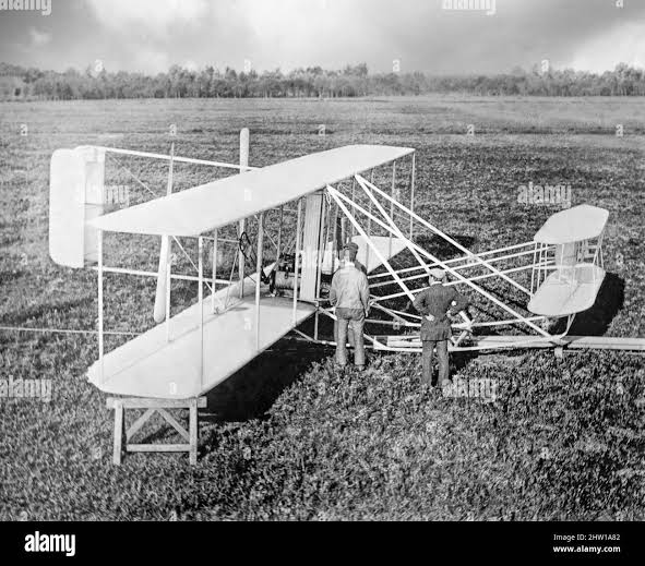 An early 20th century photograph of the Wright Machine invented and developed by the Wright brothers, Orville and Wilbur Wright, American aviation pioneers generally credited with flying the world's first successful motor-operated