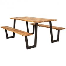 Picnic Table With 2 Benches 70 Dining Table Set With Seats And Umbrella Hole Outdoor Camping Picnic Table Set For Patio And Backyard Acacia Wood And Metal Frame
