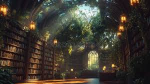 Zauberhafte Bibliothek Magische Bibliothek Fantasy Green Nature Treetop  Sonnenlicht Räume Raum 3D Render Magical Stock Abbildung - Illustration von  baum, wachstum: 364820761