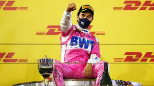 Pérez on the podium sunday after his big win. F1 2020 Sergio Perez Racing Point First Win By Mexican In 50 Years Podium Image
