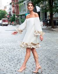White Off The Shoulder Cocktail Dress With Gold Trim Nice White Dresses Fashion Dresses White Cocktail Dress