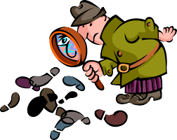 Illustrated image of detective following footprint clues.