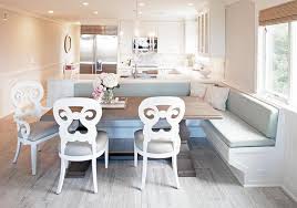The different colored cabinets, with different counter tops. Kitchen Peninsula Dining Bench Design Ideas