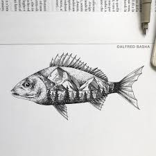Black And Yellow Fish Drawing Fish And Mountains Ink Tattoo Fish Illustration Tattoo Art Drawings Lake Tattoo Fish Drawings