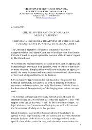 Christian federation of malaysia (persekutuan kristian malaysia). Cfm Media Statement Fed Court Decision 23 June 2014 English Fi
