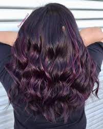 Long Hair With Eggplant Balayage Dark Purple Hair Dark Purple Hair Color Eggplant Colored Hair