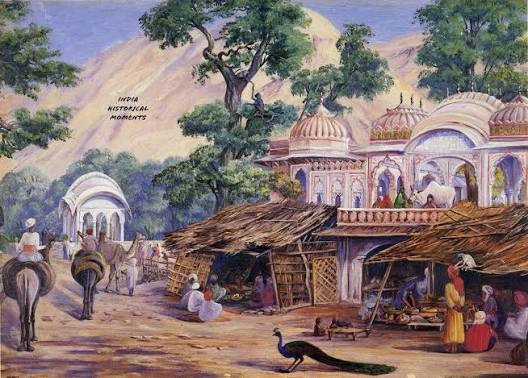 India - Street scene, Jaipur— painting by Marianne North, 1877.